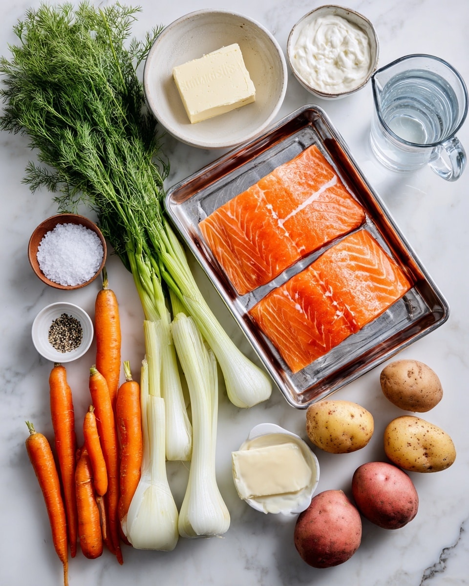 The image shows ingredients arranged neatly on a white marbled surface. At the center, two skin-on salmon fillets lie on a silver tray with a bright orange color and clear white lines. To the right of the tray, there are four red potatoes with smooth skin and a group of pale green and white leeks. Below the tray are fresh dill with feathery green leaves and a small white bowl holding a rectangular piece of unsalted butter. To the left, there are several fresh carrots with bright orange color and green tops, along with small white bowls of black pepper and allspice. Above is a small wooden bowl of kosher salt, a carton of heavy whipping cream in off-white color, and a clear glass measuring cup filled with water. The arrangement is clear, with each item spaced evenly on the white marbled background, photo taken with an iphone --ar 4:5 --v 7