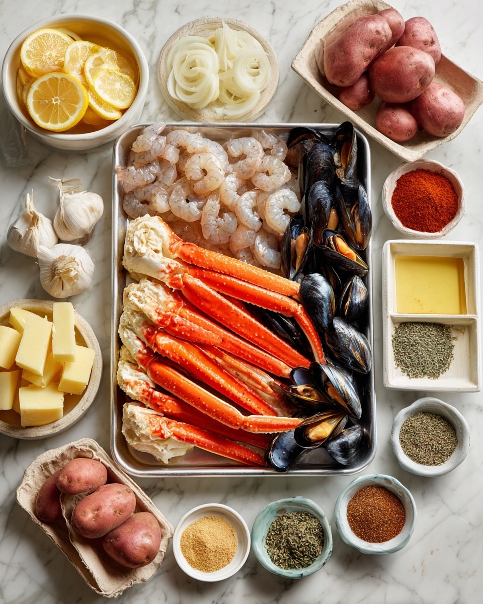 A large metal tray is filled with three main layers of seafood: pink shrimp on the left, bright orange snow crab legs in the middle, and shiny black mussels on the right. Surrounding the tray, there are many small white bowls and dishes holding spices and ingredients like deep red smoked paprika, brown Old Bay seasoning, light yellow garlic powder, green dried thyme, dark brown mustard powder, and black pepper, laid out on a white marbled surface. At the top left, a white bowl holds pale yellow lemon slices, next to reddish brown and white raw onions in white dishes. Other ingredients include red potatoes in a white bowl, peeled garlic, and a block of pale yellow unsalted butter still wrapped in paper. The whole setup is neat, colorful, and organized for easy use. Photo taken with an iphone --ar 4:5 --v 7