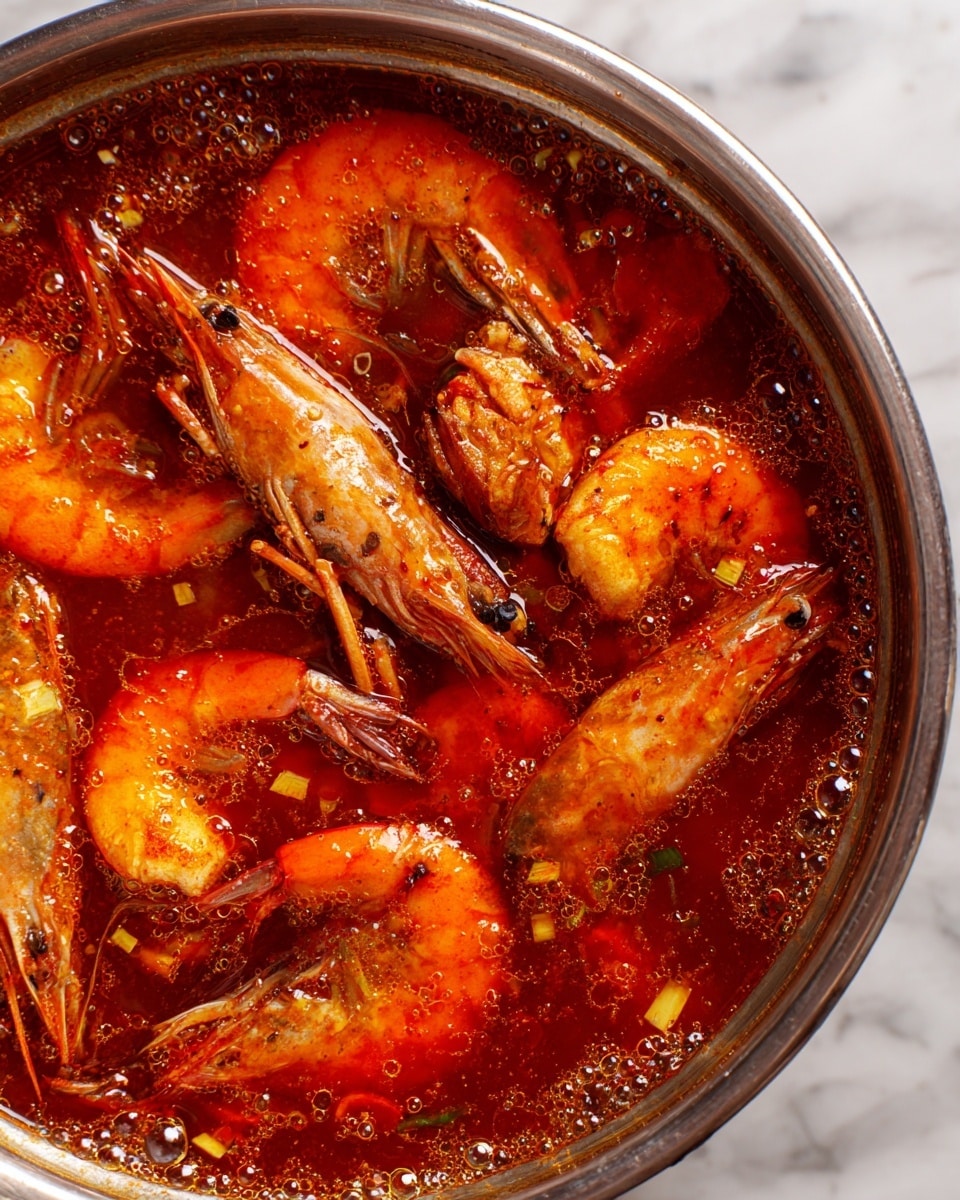 This image shows a close-up of a large metal pot filled with a reddish-brown broth containing many cooked shrimp with tails still on, a crab leg, and pieces of other seafood all partially submerged in the liquid. The broth looks clear but richly colored with small bubbles on the surface, giving a fresh and hot appearance. The metal pot rim is visible along the edges, and the background is a white marbled texture. In the top left corner, there is a label with the number 4. photo taken with an iphone --ar 4:5 --v 7