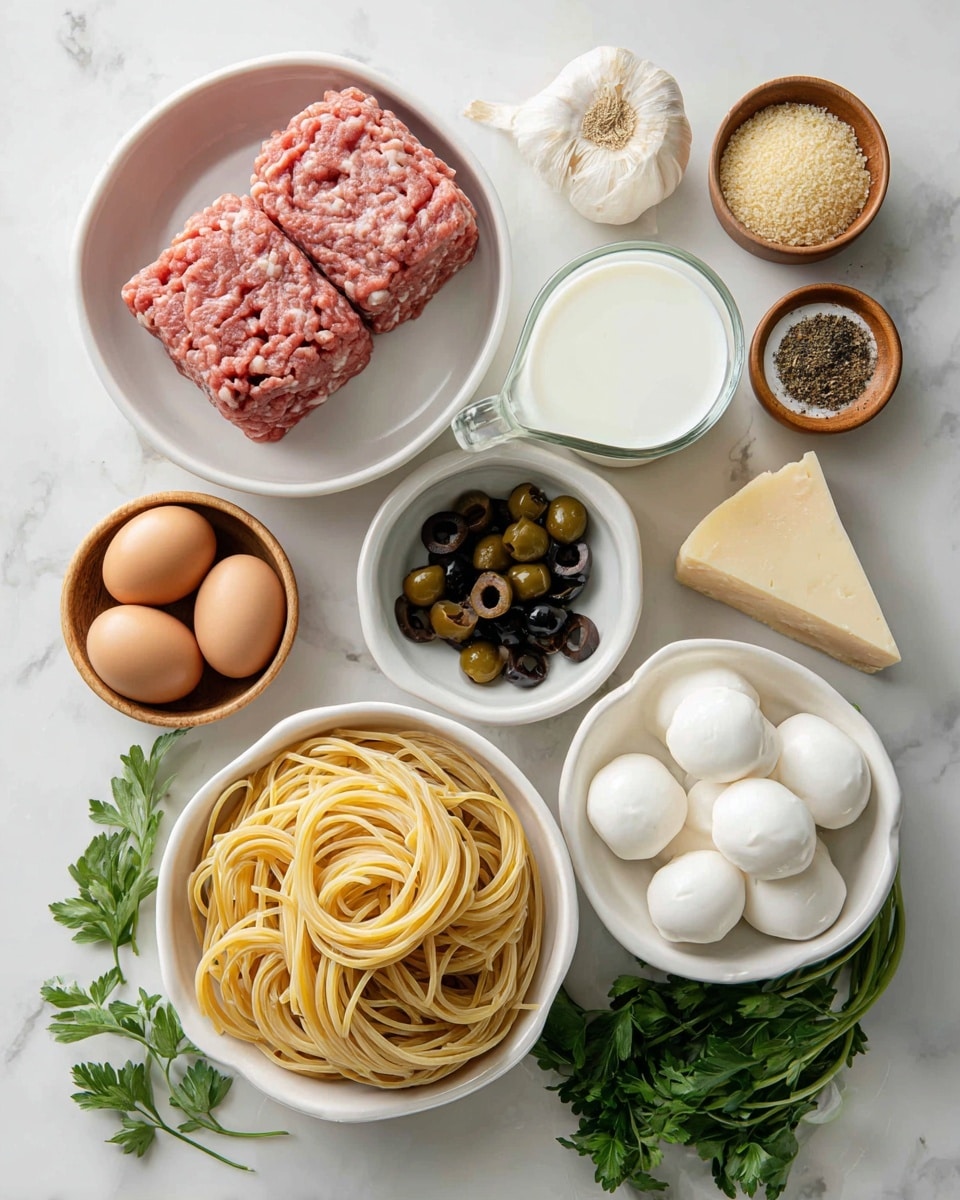 The image shows various cooking ingredients arranged neatly on a white marbled surface. On the left, there is a large white bowl with two blocks of raw ground pork and beef side by side, showing a pinkish texture with fat marbling. Below that, a small wooden bowl holds three eggs of different colors. Nearby, another small wooden bowl contains coarse kosher salt. On the right center, a large white bowl is filled with cooked spaghetti, with the light yellow strands coiled loosely. Above the spaghetti is a small white bowl filled with sliced black olives, showing a glossy black texture. Next to it, a wedge of Parmesan cheese with a hard, pale yellow rind sits beside a bulb of garlic with its papery skin partially peeled. A small white bowl with light brown panko breadcrumbs is placed near the upper right corner. A small jug filled with white milk is positioned near fresh green parsley leaves. Below parsley, a small clear measuring cup holds pale yellow pasta water. At the bottom right, a white bowl is filled with round ciliegine mozzarella balls floating in liquid, showing smooth white spheres. Next to it, a white scalloped bowl has finely chopped white onion pieces. Ground black pepper and Italian seasoning spices are in two small white dishes near fresh green basil leaves at the bottom. A jar of red marinara sauce is placed on the left side of the image, displaying its textured sauce inside the jar with a dark green lid. Photo taken with an iphone --ar 4:5 --v 7
