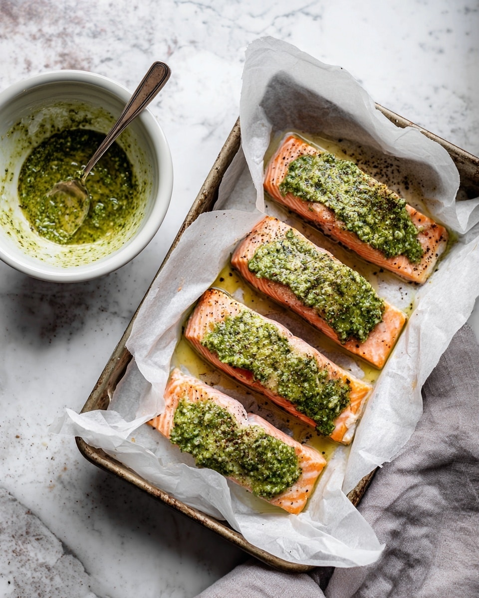The image shows a baking tray lined with white parchment paper, holding four pieces of pink salmon fillets. Each fillet is topped with a thick layer of chunky green pesto sauce, spread unevenly across the surface. The salmon is sprinkled lightly with black pepper. To the left, there is a white bowl with traces of the green pesto sauce inside. The tray and bowl are placed on a white marbled surface with a slightly speckled look, and a soft gray cloth is visible on the right side. Photo taken with an iphone --ar 4:5 --v 7