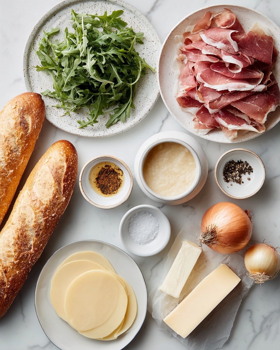 A spread of sandwich ingredients laid out on a white marbled surface includes a long, golden-brown baguette on the left, and a white speckled plate filled with layers of thinly shaved pinkish prime rib in the center. Above the meat plate, there is a white ceramic bowl with creamy horseradish sauce that has a smooth, light beige texture. To the right of this bowl are small white ceramic bowls holding kosher salt (white granules) and black pepper (dark specks), and a larger bowl with light amber white balsamic vinegar. Two whole onions, one yellow and one brown, and a stick of unsalted butter in its wrapper lie nearby. Below, a white plate holds three smooth, round slices of pale yellow provolone cheese. On the left upper side, a white plate piled with fresh, dark green arugula leaves adds a leafy contrast. Photo taken with an iphone --ar 4:5 --v 7