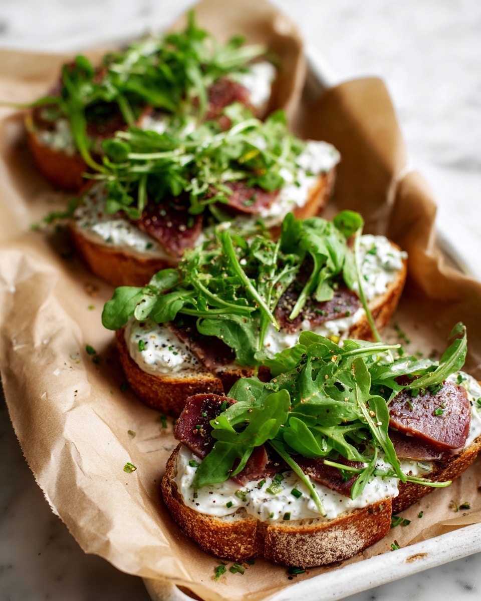The image shows four open-face sandwiches lined up on a white marbled tray lined with brown paper. Each sandwich has two slices of light brown toasted bread with a spread of creamy white sauce sprinkled with small green herbs and black pepper. Underneath the sauce, there are thin slices of dark reddish-brown cooked meat visible. On top of the meat, bright green arugula leaves add a fresh, leafy texture, piled generously on each sandwich. The tray is placed on a surface with a white marbled texture, and the overall look is fresh and inviting. Photo taken with an iphone --ar 4:5 --v 7