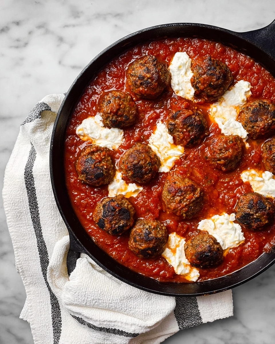 The image shows a black cast iron pan filled with a thick red tomato sauce, with twelve browned meatballs placed evenly on top, some partially covered in the sauce. Dollops of white creamy cheese are spread around the meatballs, contrasting with the deep red sauce. The pan is set on a white marbled surface with a white cloth that has black stripes under the handle. The sauce looks rich and chunky, and the meatballs have a slightly rough texture with a browned crust. Photo taken with an iphone --ar 4:5 --v 7