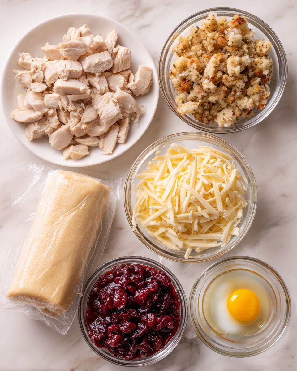 The image shows six clear glass bowls arranged on a white marbled surface, each containing a different cooking ingredient. The top left bowl holds light beige cooked turkey pieces with a slightly rough texture. To its right, a bowl contains prepared and cooked stuffing, which is a crumbly, uneven mixture in a mustard brown color. Below the turkey bowl is a bowl filled with shredded cheese, featuring thin, pale yellow strands. To the right of the cheese, there is a small bowl with one raw egg, showing the bright yellow yolk and clear egg white. Below the egg bowl is another clear bowl filled with dark red cranberry sauce that has a chunky texture. On the left side, a white plate holds a roll of Bridgford Frozen Ready-Dough wrapped in clear plastic. Photo taken with an iphone --ar 4:5 --v 7