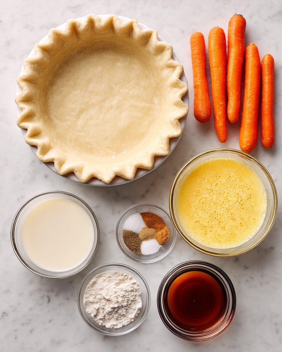The image shows several ingredients laid out on a white marbled surface. On the left is a pie crust in a white pie dish with a smooth, light beige surface and a crimped edge. To the right, there is a clear glass bowl filled with bright orange baby carrots. Below the carrots is a small glass bowl with a yellow egg mixture that looks beaten and frothy. Next to it, on the bottom left, is a clear glass container with off-white evaporated milk, smooth in texture. In the middle bottom, there is a tiny clear bowl holding ground cinnamon, ground ginger, kosher salt, and nutmeg, all in small piles with distinct brown and white colors. On the right side at the bottom is a small clear glass bowl filled with dark amber maple syrup. Photo taken with an iphone --ar 4:5 --v 7
