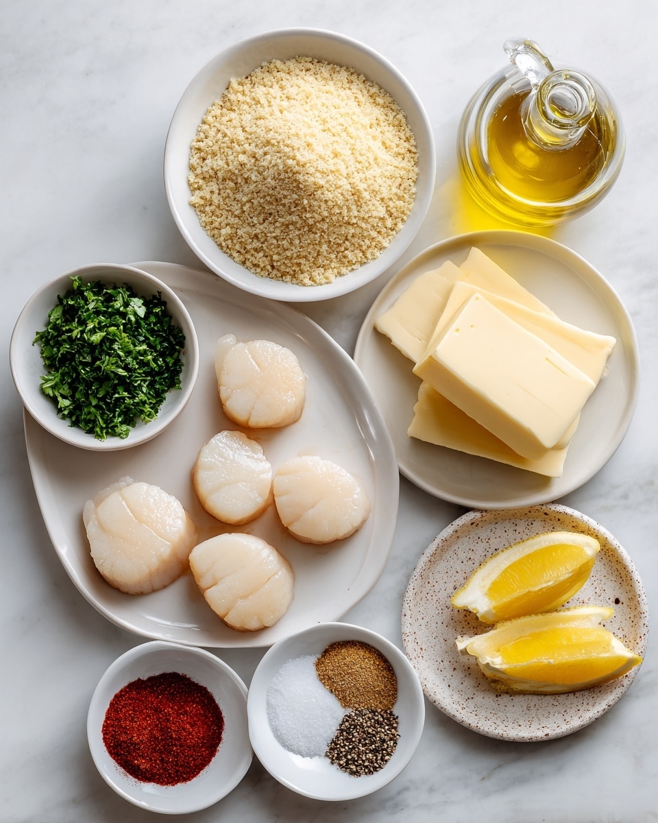 The image shows a white plate with eight beige scallops on the left bottom side, each smooth and slightly shiny. Above it, there is a white bowl filled with light brown breadcrumbs with a fine texture. Next to it, a glass bottle contains golden-yellow olive oil. On the right side, a small white bowl holds bright green chopped parsley. Below the parsley, another white bowl has three thick rectangular slices of pale yellow butter. Near the bottom right, a small white bowl contains four lemon wedges with bright yellow skin and white pith. To the right of the butter and parsley bowls, a speckled white plate displays small piles of spices: off-white garlic powder, deep red paprika, white salt, and a mix of black and white pepper. The entire setting rests on a surface with a white marbled texture. photo taken with an iphone --ar 4:5 --v 7