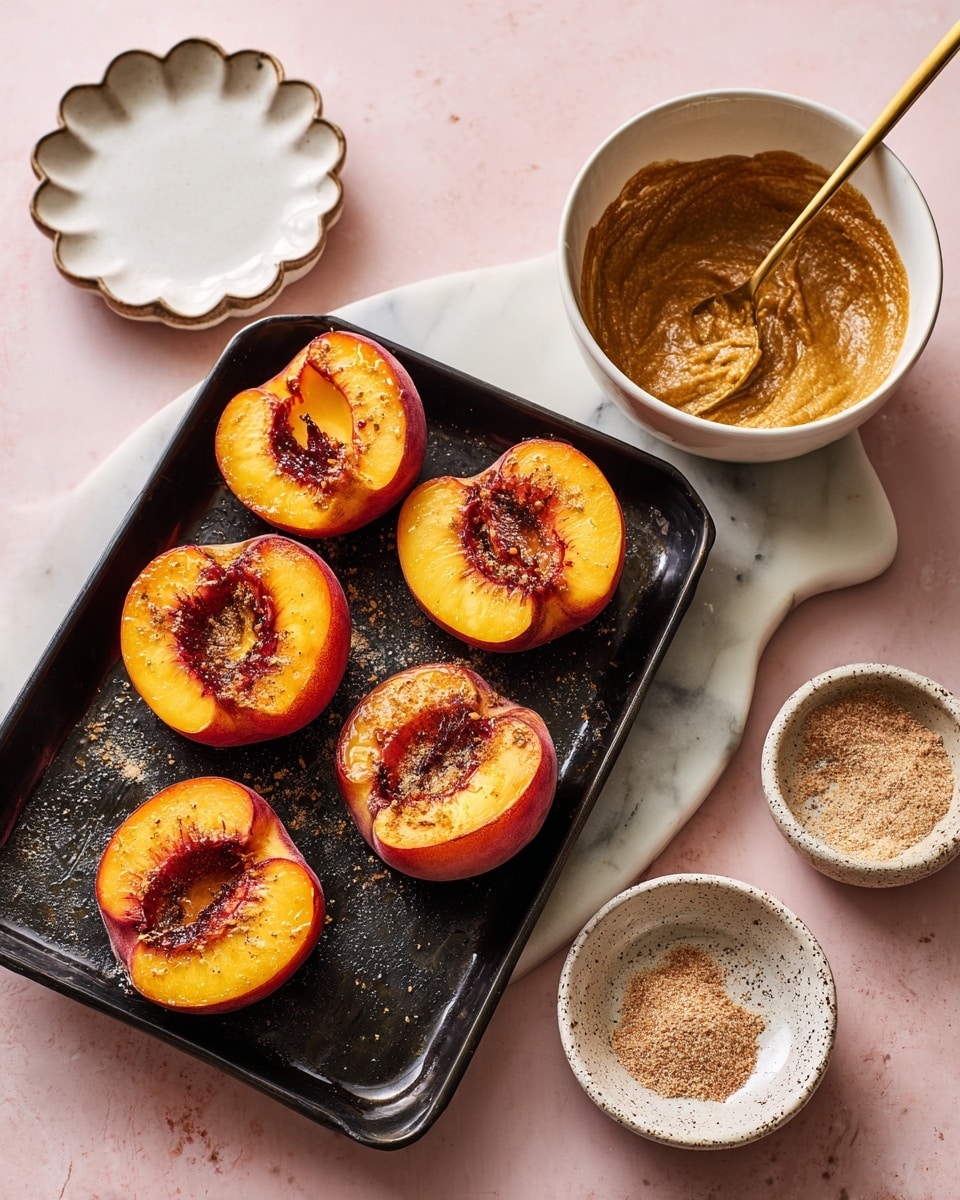 The image shows a black baking tray with six roasted peach halves, each with wrinkled, reddish-orange skin, placed on a white marbled surface. To the top right, there is a white bowl with a thick brown mixture and a golden spoon resting inside it. On the bottom right, a white speckled small bowl holds a small amount of a light brown powder. On the top left, there is an empty white speckled plate with scalloped edges, featuring a card with the number