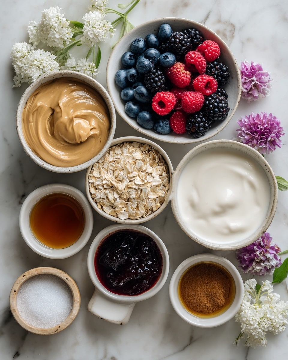 The image shows a white marbled surface with several small white bowls and a white cup arranged in a loose circle. One bowl is filled with light brown creamy peanut butter with a smooth texture, another holds white vanilla Greek yogurt or skyr with a creamy smooth surface, and a cup is full of fresh mixed berries including red raspberries, blackberries, and blueberries. There is a bowl with rolled oats, light beige and dry, a small bowl of dark fruit jam with a thick, glossy texture, a small bowl with cinnamon powder with a warm brown color, and another small bowl with kosher salt, white and granular. Two smaller bowls contain maple syrup, dark amber and shiny, and vanilla extract, dark brown and smooth. The image is decorated with white and light purple flowers at the bottom and top right corners, giving a fresh look. photo taken with an iphone --ar 4:5 --v 7