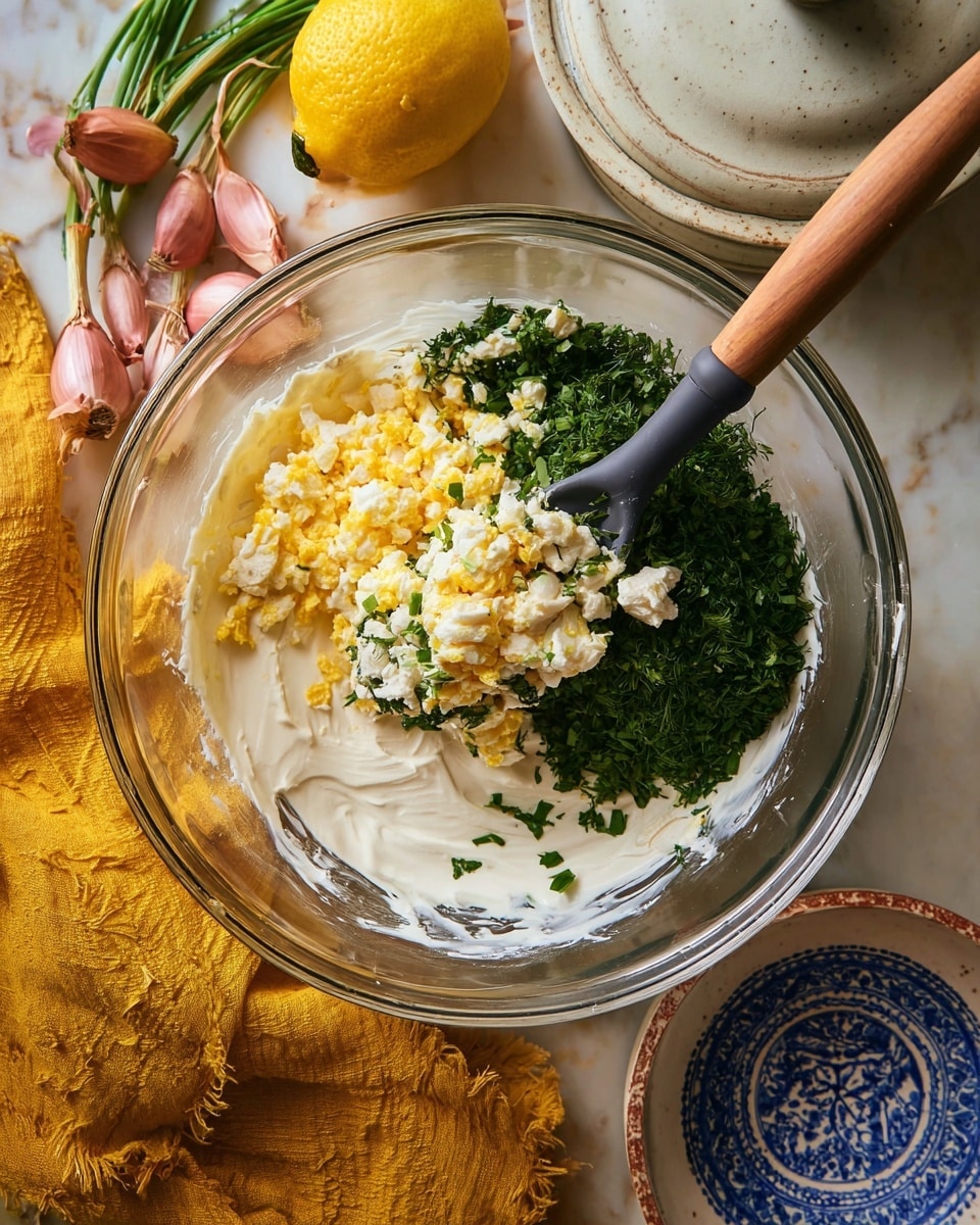 A clear glass bowl holds three main layers of ingredients: a creamy white base spread around the bowl's bottom and sides, a pile of dark green chopped herbs on one side, and a heap of chopped yellow and white boiled eggs on top. A wooden spoon with a black silicone head is resting inside the bowl, partly lifted with chopped eggs on it. Around the bowl, there is a yellow cloth with shallots on it, a lemon, a small round white pot with a lid, and a white bowl with a blue intricate pattern inside. The whole scene is on a white marbled surface. photo taken with an iphone --ar 4:5 --v 7