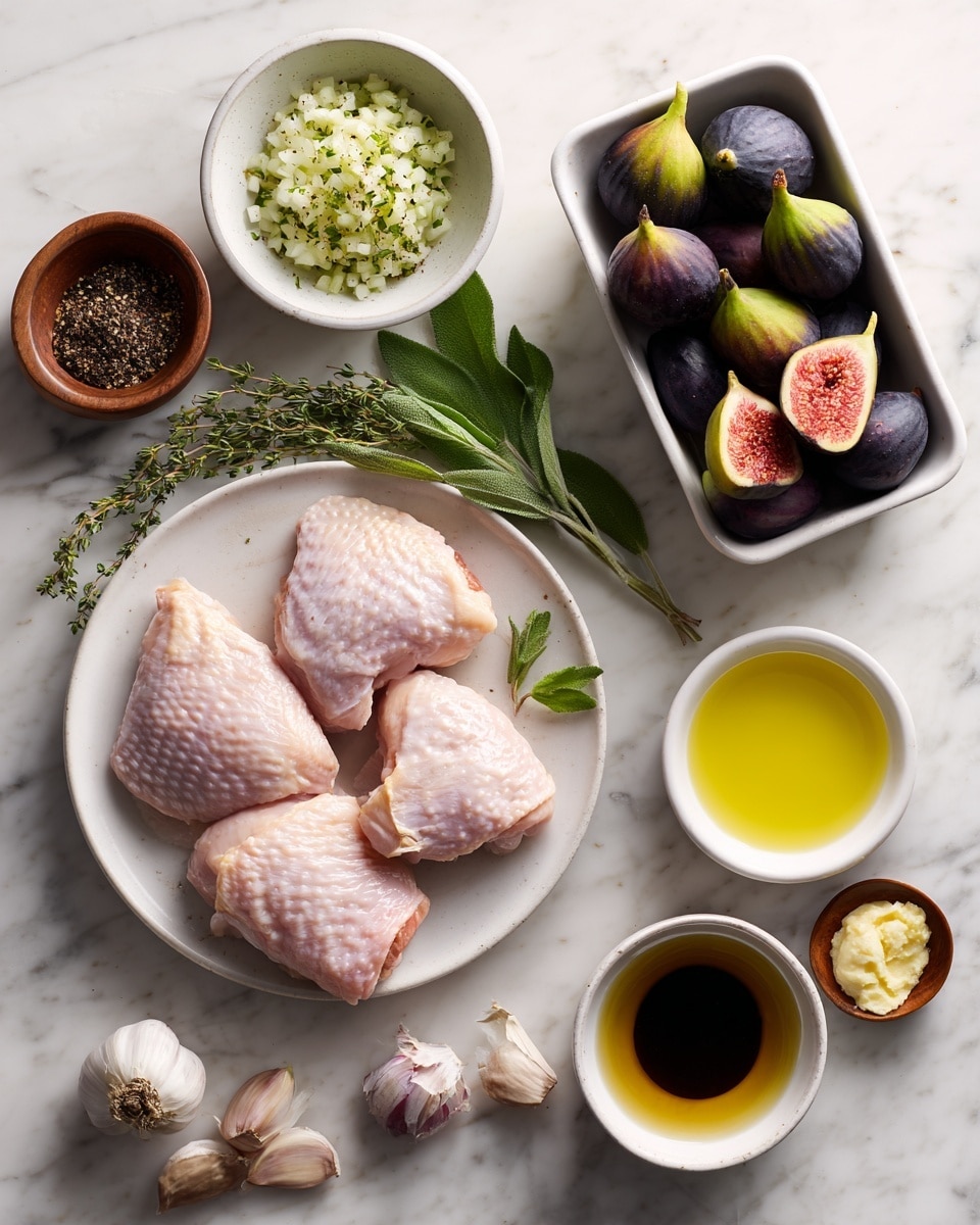 A top view of several white ceramic dishes on a white marbled surface, each holding different ingredients. One large white plate holds four raw chicken thighs with pale pink skin, arranged side by side. Next to it, a small white bowl contains finely chopped shallots with fresh green sage and thyme leaves beside them. Another bowl is filled with whole fresh figs of two colors, dark purple and green, some whole and some halved showing pink insides. A rectangular white container holds more whole fresh figs. Small wooden bowls hold black pepper and salt, while a white bowl contains honey with a rich golden color. Another bowl has olive oil, showing a smooth, yellow-green liquid, and a larger bowl holds a mix of dark balsamic vinegar and a dollop of pale yellow Dijon mustard on top. Four whole garlic cloves sit directly on the marbled surface. The setup is clean and organized with natural light. photo taken with an iphone --ar 4:5 --v 7