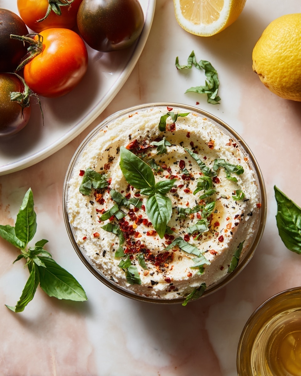 The image shows a clear container filled with creamy white cheese mixed with red chili flakes and black pepper spread on top, bright green fresh basil leaves scattered over the mixture. Above the container, there is a white plate holding several colorful tomatoes in shades of deep red, orange, and dark brown. To the left of the container, there is a half squeezed yellow lemon. At the bottom right, a glass container with a light golden liquid, likely oil, is partially visible. The scene is set on a white marbled surface with a soft pink tone. photo taken with an iphone --ar 4:5 --v 7