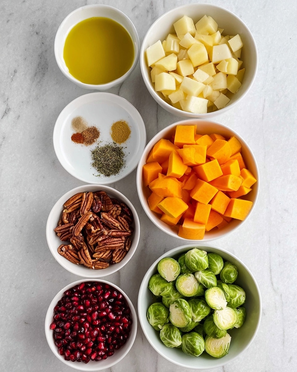 The image shows six white bowls arranged on a white marbled surface. The top right bowl has light beige chopped parsnips, the middle right bowl contains bright orange cubed butternut squash, and the bottom right bowl holds halved green Brussels sprouts. On the left side, the top bowl is filled with golden yellow olive oil, below it a small white plate displays four spices: light brown powder, dark pepper, white salt, and green dried herbs, the next bowl down contains medium brown pecan nuts, and the bottom bowl is full of bright red pomegranate seeds. The bowls create a balanced and colorful layout with natural textures. photo taken with an iphone --ar 4:5 --v 7