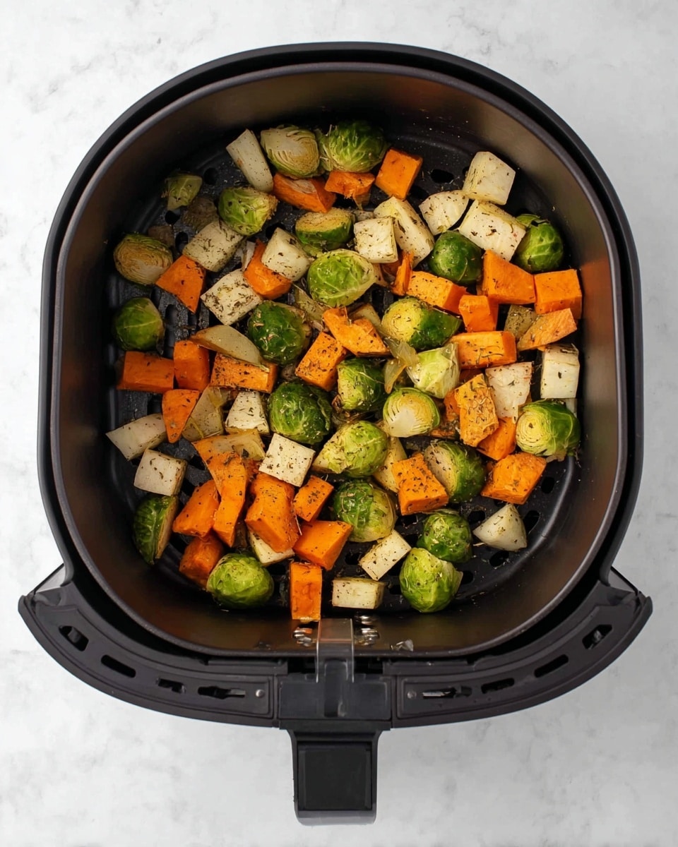 Inside a black air fryer basket, there is one layer of mixed chopped vegetables on a white marbled surface. The vegetables include green halved Brussels sprouts, orange sweet potato cubes, and beige parsnip pieces, all scattered evenly across the basket bottom. The vegetables show a light seasoning of herbs and black pepper. The inside of the basket is black with small holes around the sides, and the edge of the air fryer door is visible at the bottom of the image. Photo taken with an iphone --ar 4:5 --v 7