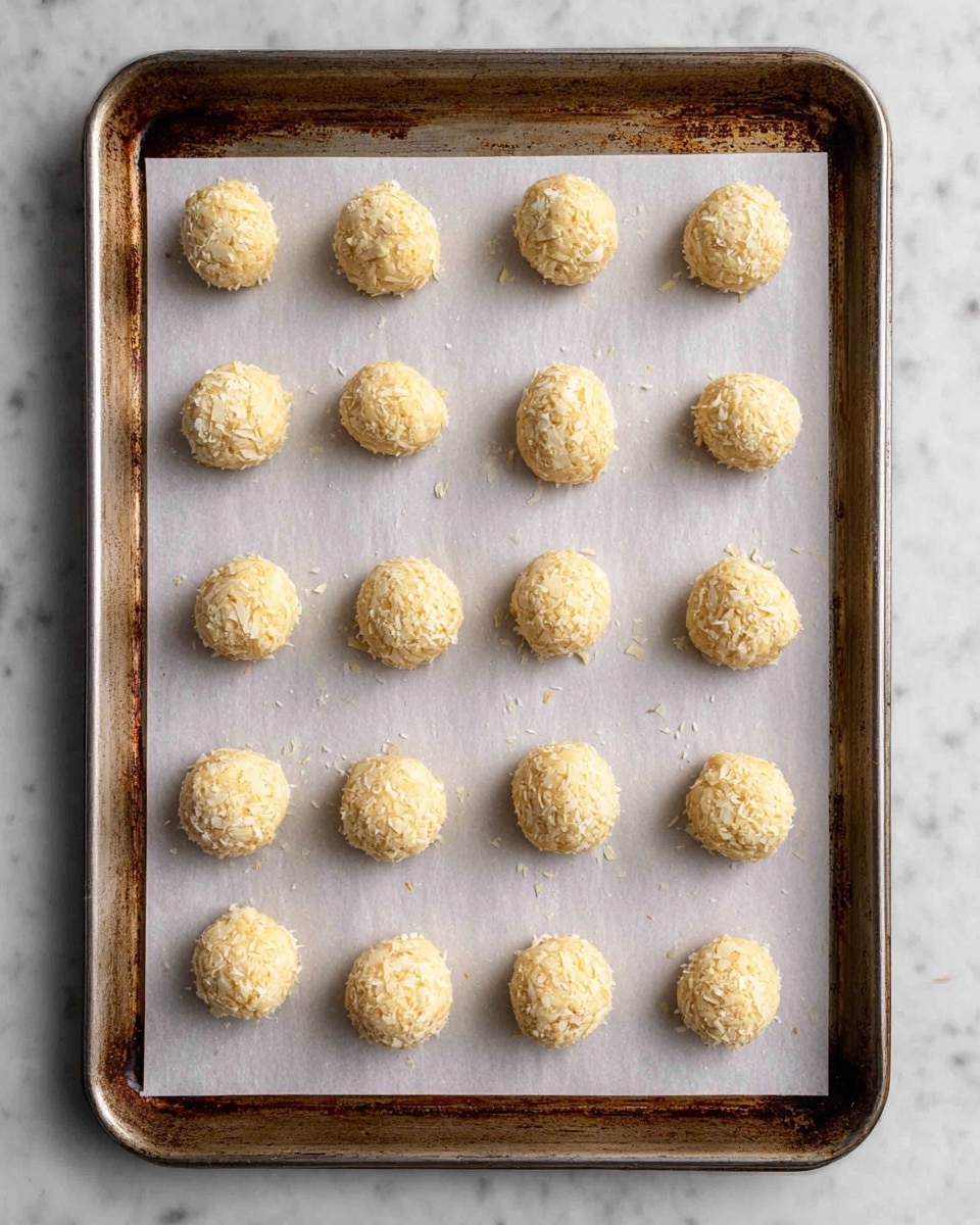 A metal baking tray lined with white parchment paper holds 20 round dough balls arranged in a grid. Each ball is pale yellow with a rough surface texture, showing small flakes, looking like a coconut or oat mix. The tray has some spots of brown discoloration near the edges, and the background is a white marbled surface. photo taken with an iphone --ar 4:5 --v 7