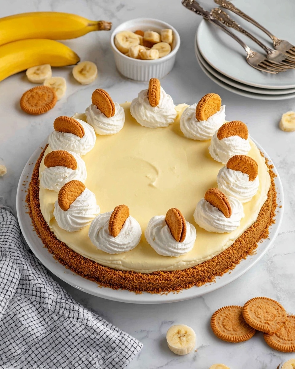 A single slice of creamy banana pie with three layers is shown on a white plate with brown speckles and rim. The base layer is a thick, crumbly golden brown crust, followed by a smooth, pale yellow banana filling layer, which has a soft and fluffy texture. On top, there is a small swirl of white whipped cream near the back edge of the slice. A round golden cookie and a slice of banana rest on the whipped cream. The plate is placed on white parchment over a wooden board, all on a white marbled surface. The background is softly blurred with parts of the pie visible in the distance. Photo taken with an iphone --ar 4:5 --v 7