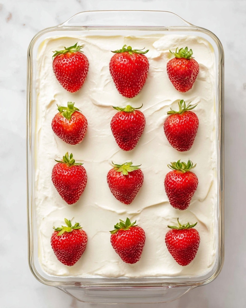A clear rectangular glass dish filled with a smooth, thick white layer of creamy dessert covering the entire surface. On top, there are twelve whole red strawberries spread evenly in a grid pattern of three rows and four columns, each strawberry bright and fresh with green leafy tops facing up. The dish is set on a white marbled surface, emphasizing the clean and fresh look of the dessert. photo taken with an iphone --ar 4:5 --v 7