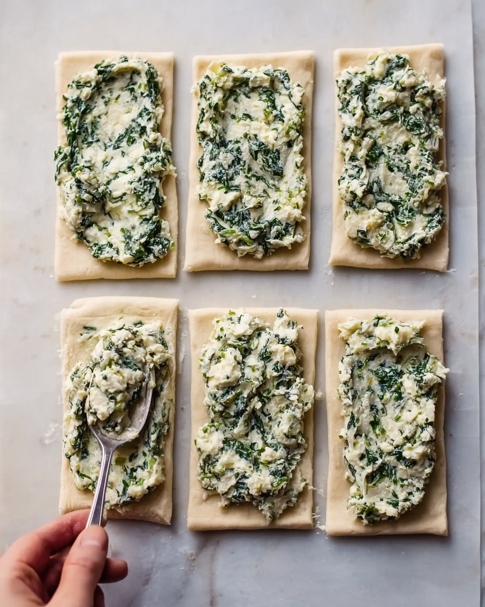 The image shows six rectangular pieces of pale dough placed neatly in two rows on a white marbled surface. Each dough piece has a thick layer of creamy, green and white filling spread on top, which looks like a mix of chopped spinach and cheese. The filling has a textured, slightly chunky look with soft, uneven edges, and some pieces have a bit more filling than others. Near the bottom left dough rectangle, a woman’s hand is visible holding a silver spoon, scooping or spreading the filling. The overall scene looks clean, simple, and well-organized, with natural lighting highlighting the fresh, soft textures of both the dough and the filling. photo taken with an iphone --ar 4:5 --v 7