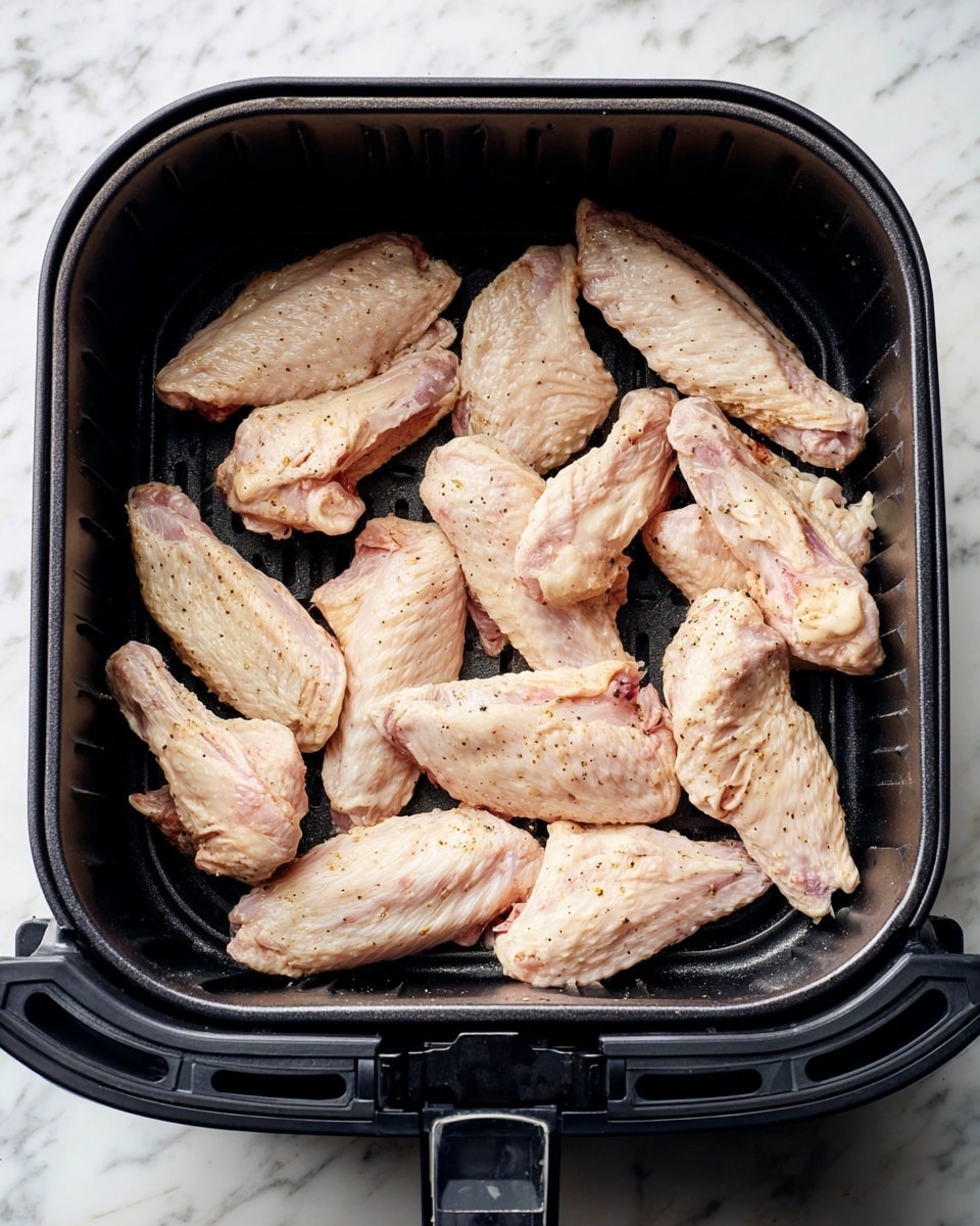 Inside a dark air fryer basket sitting on a white marbled surface, there are thirteen raw chicken wings spread out evenly in one layer. The wings are light pink to pale beige in color with visible skin texture and slight seasoning specks. They are arranged to fill the basket without overlapping, showing different shapes and sizes, some with thicker parts and others thinner. The basket has a grid-like bottom and rounded corners. Photo taken with an iphone --ar 4:5 --v 7