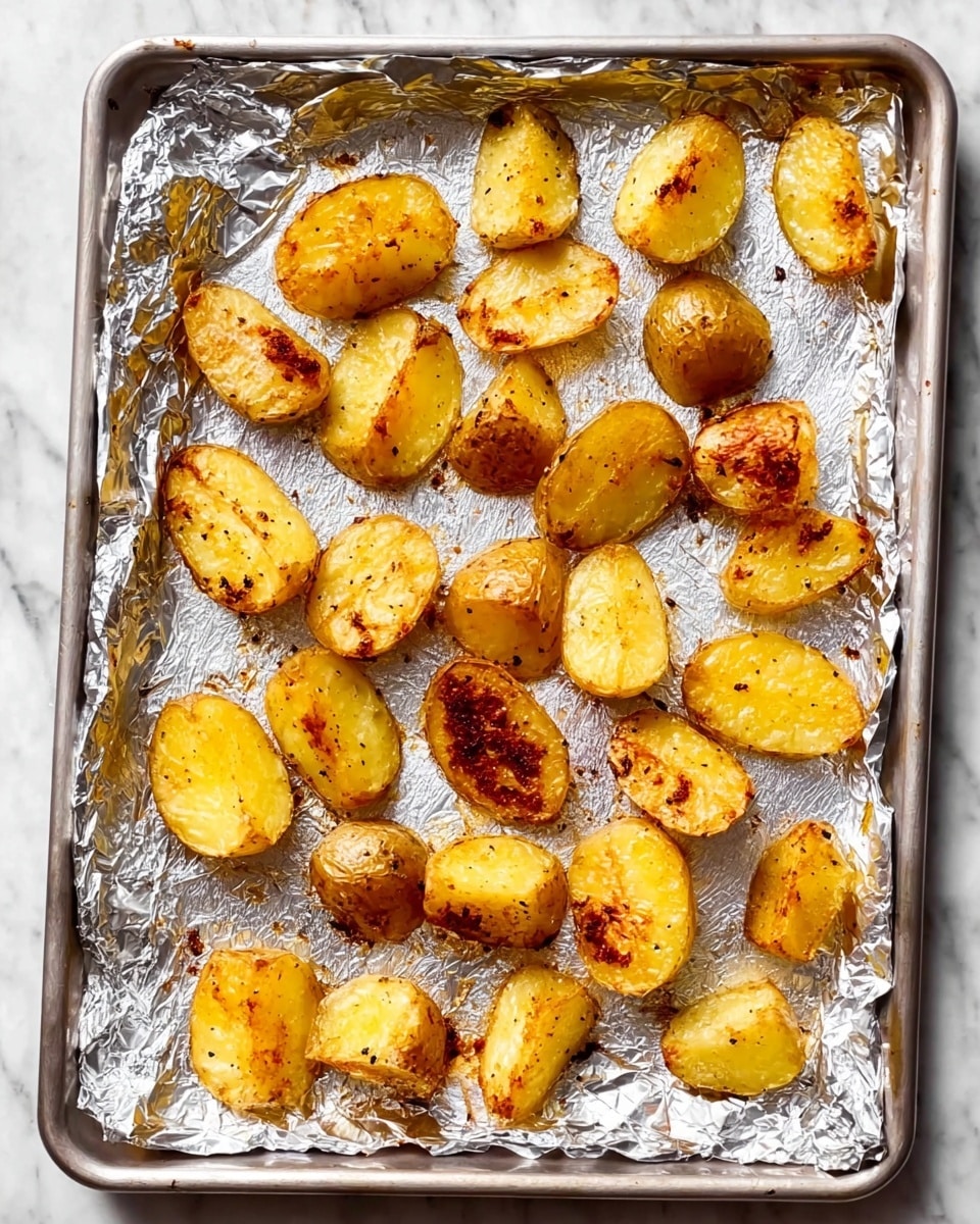 The image shows a rectangular tray lined with crinkled aluminum foil placed on a white marbled surface. On the foil tray are several pieces of roasted potato halves, evenly spread out without overlapping. The potato pieces have a golden brown color with some darker roasted spots and a slightly crispy texture, showing subtle seasoning with visible specks of spices. The overall look is warm and appetizing with a shiny, slightly oily finish on the potatoes. photo taken with an iphone --ar 4:5 --v 7