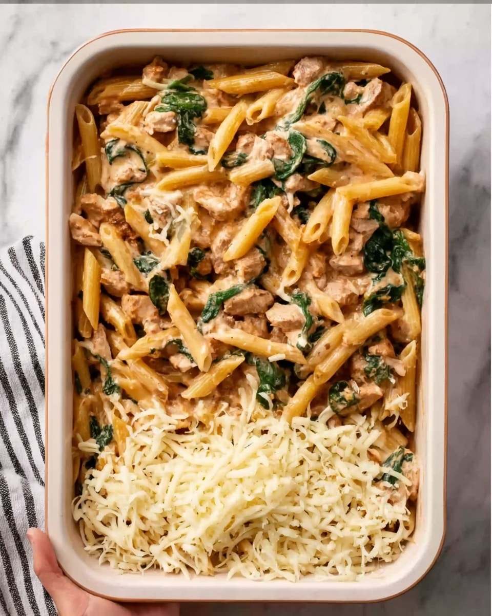 The image shows a rectangular white baking dish filled with penne pasta mixed with a creamy sauce, pieces of cooked meat, and some green spinach leaves scattered throughout. In the bottom half of the dish, there is a layer of shredded cheese covering part of the pasta. The dish is placed on a white marbled surface with a striped cloth partially visible on the left side. A woman's hand is holding the dish from the left edge. Photo taken with an iphone --ar 4:5 --v 7
