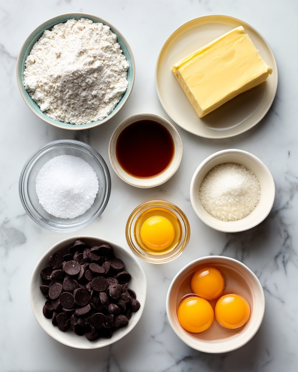A top-down view of eight small bowls arranged on a white marbled surface, each holding a different baking ingredient. From top center to bottom left: a bowl with white AP flour, a smaller bowl with dark amber vanilla liquid, a clear bowl with two bright yellow egg yolks, a white plate holding a solid block of yellow butter, a very small white bowl with white sea salt, a glass bowl filled with white sugar, a clear bowl filled with dark brown semi-sweet chocolate chips, and a white bowl holding two whole cracked eggs with visible orange yolks and clear whites. Each bowl's content is clearly visible, with smooth and natural textures. The image is clean and well-lit. Photo taken with an iphone --ar 4:5 --v 7