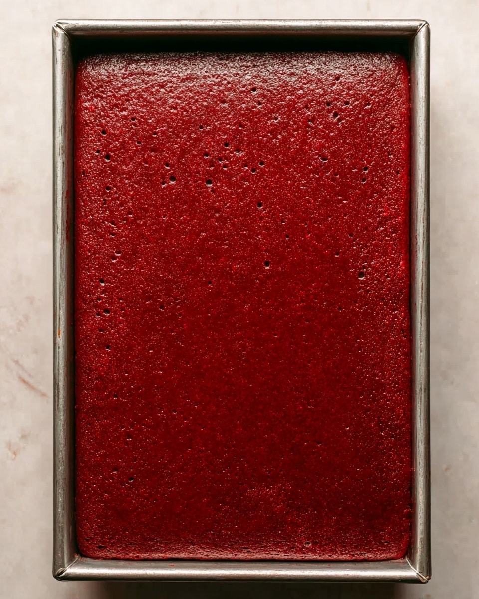 A rectangular metal baking pan filled with a single layer of rich, deep red cake. The cake surface is smooth but has a slightly rough, textured look with tiny bubbles and a matte finish. The pan edges are visible and the cake fits snugly inside. The background is a white marbled surface. photo taken with an iphone --ar 4:5 --v 7