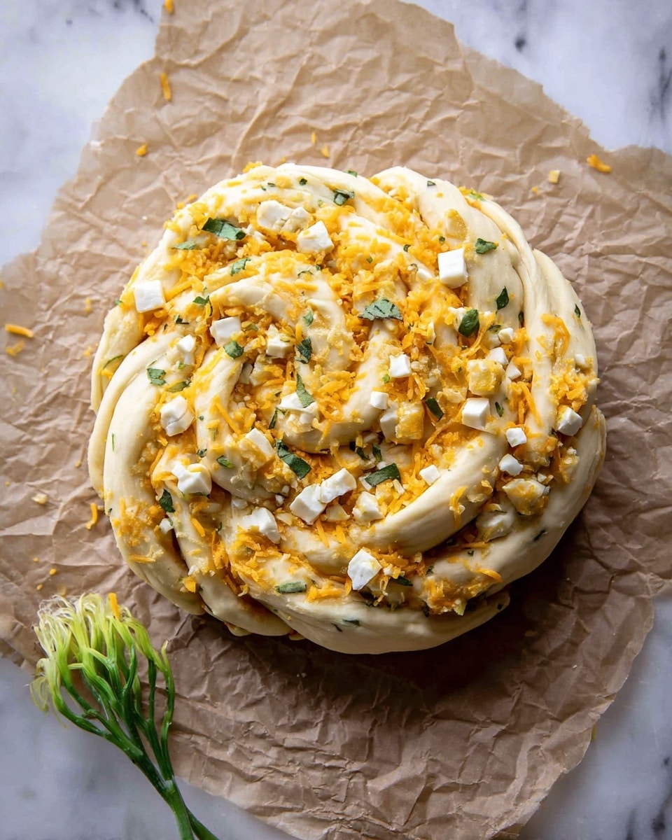 The image shows a round bread dough twisted into swirls, layered with shredded orange cheese and small white cheese chunks sprinkled all over the top. The dough looks soft and slightly thick with a pale yellow color, and the cheese is scattered unevenly across the swirls, creating texture and color contrast. Small green herbs are mixed in with the cheese, adding a touch of green. The bread rests on crinkled brown parchment paper with a small green and yellow flower stem nearby, sitting on a white marbled surface. photo taken with an iphone --ar 4:5 --v 7