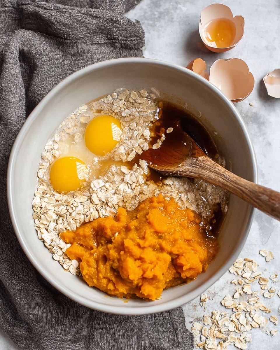 A white bowl containing several layers of ingredients sits on a white marbled surface with a gray cloth underneath. Inside the bowl, there are two raw eggs with bright yellow yolks on the left side, surrounded by light beige oats scattered throughout. To the right, there is a large scoop of bright orange mashed pumpkin, with a syrupy dark amber liquid pooling nearby. A wooden spoon is partially submerged in the mixture, resting on the edge of the bowl. Cracked eggshells are positioned in the background on the right side. Photo taken with an iphone --ar 4:5 --v 7