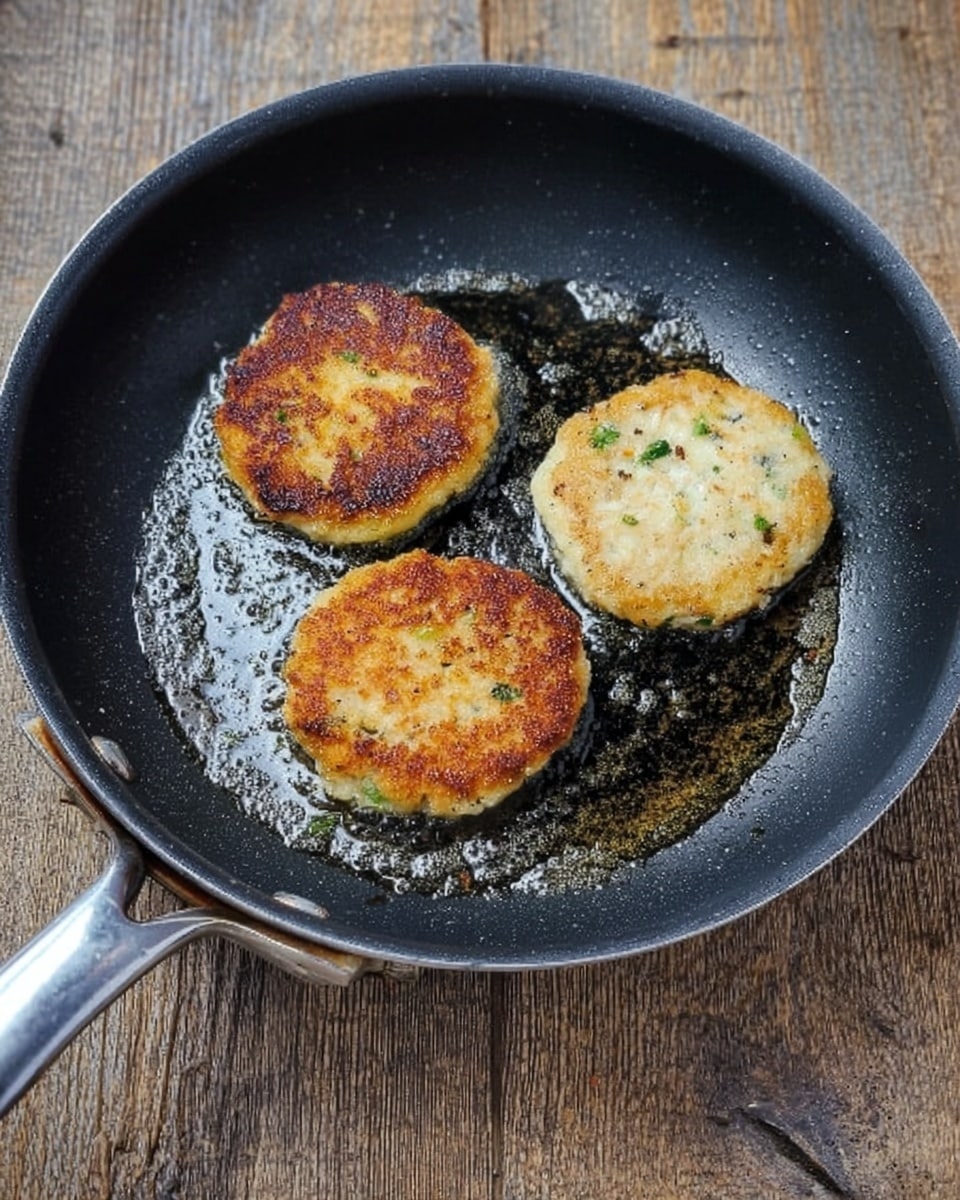 In a black frying pan with a silver handle, three round patties are cooking. The pan has some shiny cooking oil around the patties. Two patties have a golden brown crispy surface with small green bits, while the third patty is lighter in color and uncooked on top. The pan is sitting on a rough wooden surface. photo taken with an iphone --ar 4:5 --v 7