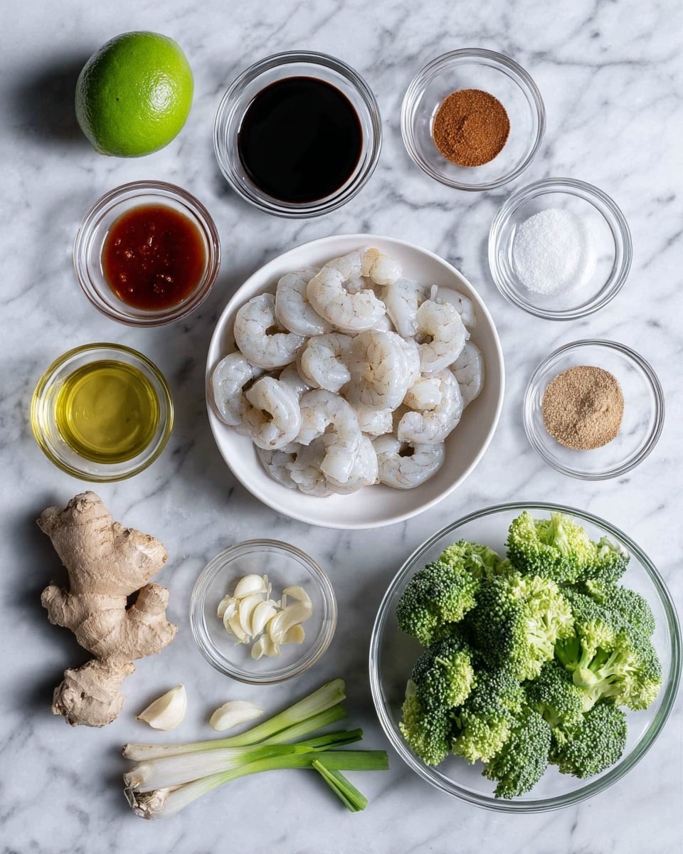 The image shows uncooked shrimp in a white bowl placed near the center, with a clear bowl of green broccoli florets to the lower right, and green onions to the far right on a white marbled surface. Around the shrimp bowl are small clear bowls and containers holding different ingredients: dark soy sauce, red sauce, brown powder, white powder, light brown liquid, oil, and clear liquid. Fresh ginger root and garlic cloves are near the bottom left. A whole lime is positioned above the shrimp bowl. All items are neatly arranged and photographed from above. Photo taken with an iphone --ar 4:5 --v 7