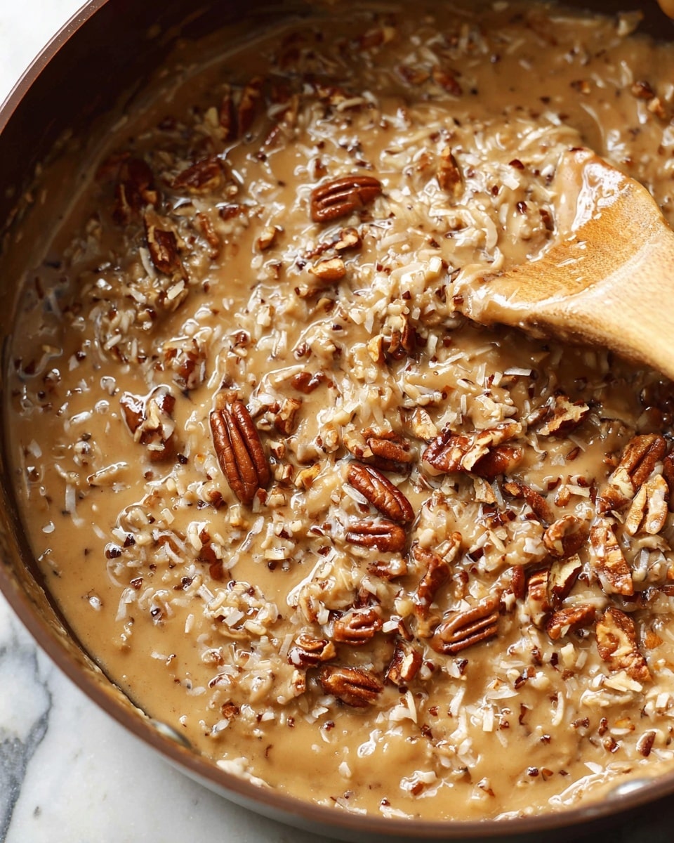 A close-up view of a creamy mixture in a pan with a wooden spoon stirring it, showing multiple layers including light golden toasted coconut flakes and chopped pecans spread evenly throughout the thick, glossy, light brown sauce, creating a textured and sticky appearance. The background is a white marbled texture. photo taken with an iphone --ar 4:5 --v 7