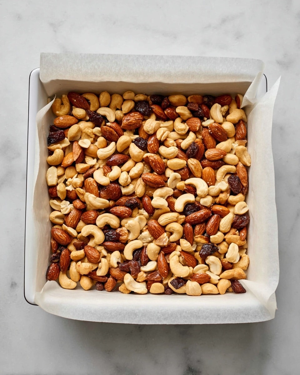 The image shows a white square baking dish lined with white parchment paper filled with a single layer of mixed nuts. The nuts include whole almonds, cashews, and peanuts, all with a glossy roasted look. The nuts are evenly spread, showing a mix of light brown, dark brown, and creamy beige colors. The dish is placed on a white marbled surface. photo taken with an iphone --ar 4:5 --v 7