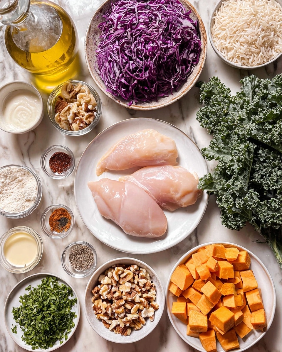 The image shows a top view of various fresh ingredients arranged on a white marbled surface. At the center, there are three smooth, pale pink chicken pieces laid side by side. Above them, shredded purple cabbage occupies the middle, with finely chopped dark green kale to its right and fresh green chopped herbs to the left. Toward the right, there is a white bowl filled with mixed raw rice grains and a round white bowl of cubed orange sweet potatoes at the bottom right corner. A small bowl of chopped mixed nuts sits above the chicken. Around these main ingredients, there are smaller bowls and jars with different textures and colors: creamy light sauces, chopped garlic, honey, off-white powder, and various spices including red, brown, black, and beige shades arranged on small white plates. A clear glass bottle of golden oil adds to the assortment. The whole setup appears clean and neatly organized. Photo taken with an iphone --ar 4:5 --v 7
