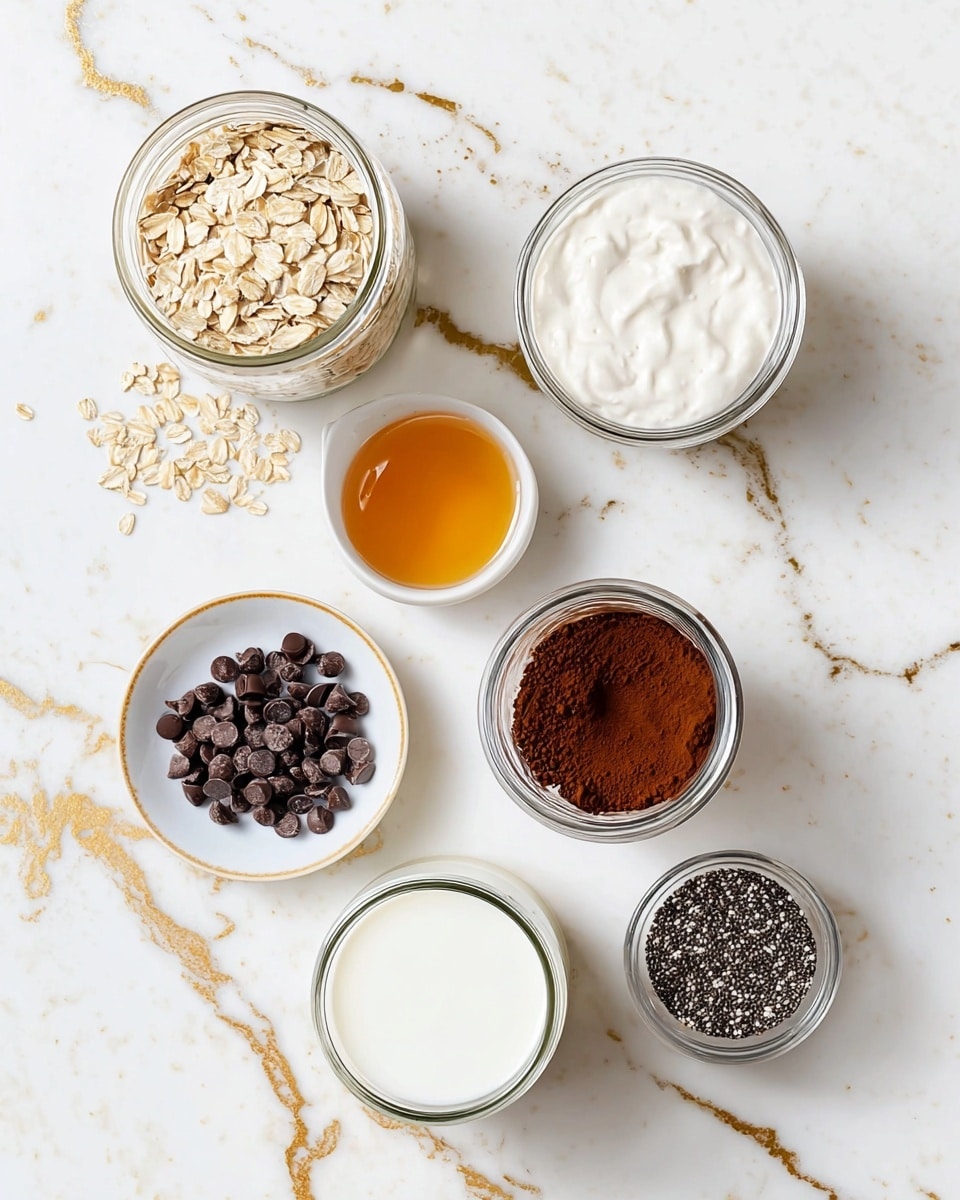 Seven small white plates and glass jars are arranged on a white marbled surface with gold streaks. From top right going clockwise, a glass jar filled with light, beige oat flakes, a white plate with golden honey, a glass jar with thick white yogurt, a white plate holding dark brown chocolate chips, a glass jar of creamy white milk, a small glass bowl with dark brown cocoa powder, and a small glass bowl with black and white chia seeds. photo taken with an iphone --ar 4:5 --v 7