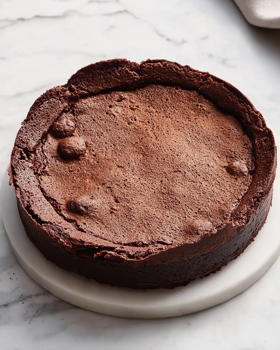 A round chocolate cake with one thick layer, placed on a white marbled surface. The cake has a rough, cracked top with a few small bumps and an uneven edge that looks slightly darker and crispier. The inside is a rich dark brown color, showing a dense but soft texture. The cake sits directly on the surface without a plate, with natural light highlighting its deep chocolate tones. Photo taken with an iphone --ar 4:5 --v 7