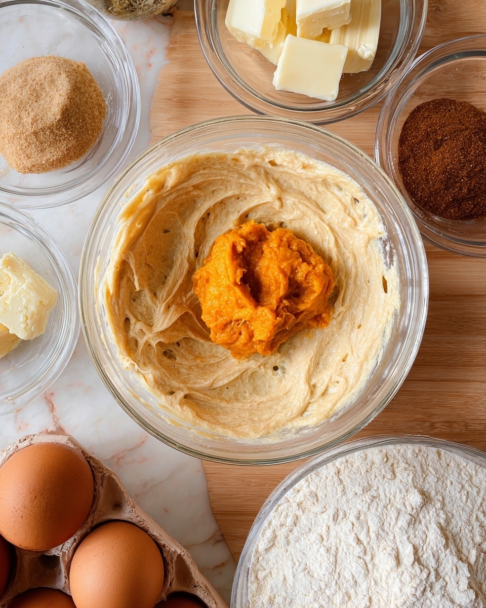 A clear glass bowl in the center holds a creamy beige batter with a dollop of bright orange pumpkin puree placed on top, showing a soft and thick texture. Surrounding the main bowl, there are smaller clear bowls with chunks of pale yellow butter, brown sugar, a dark spice, and more pumpkin puree, all placed on a white marbled surface. A carton of brown eggs is seen at the bottom left, and a bowl filled with white flour appears at the bottom right. The natural wood texture under the bowls is replaced with a white marbled texture for a clean, bright look. Photo taken with an iphone --ar 4:5 --v 7