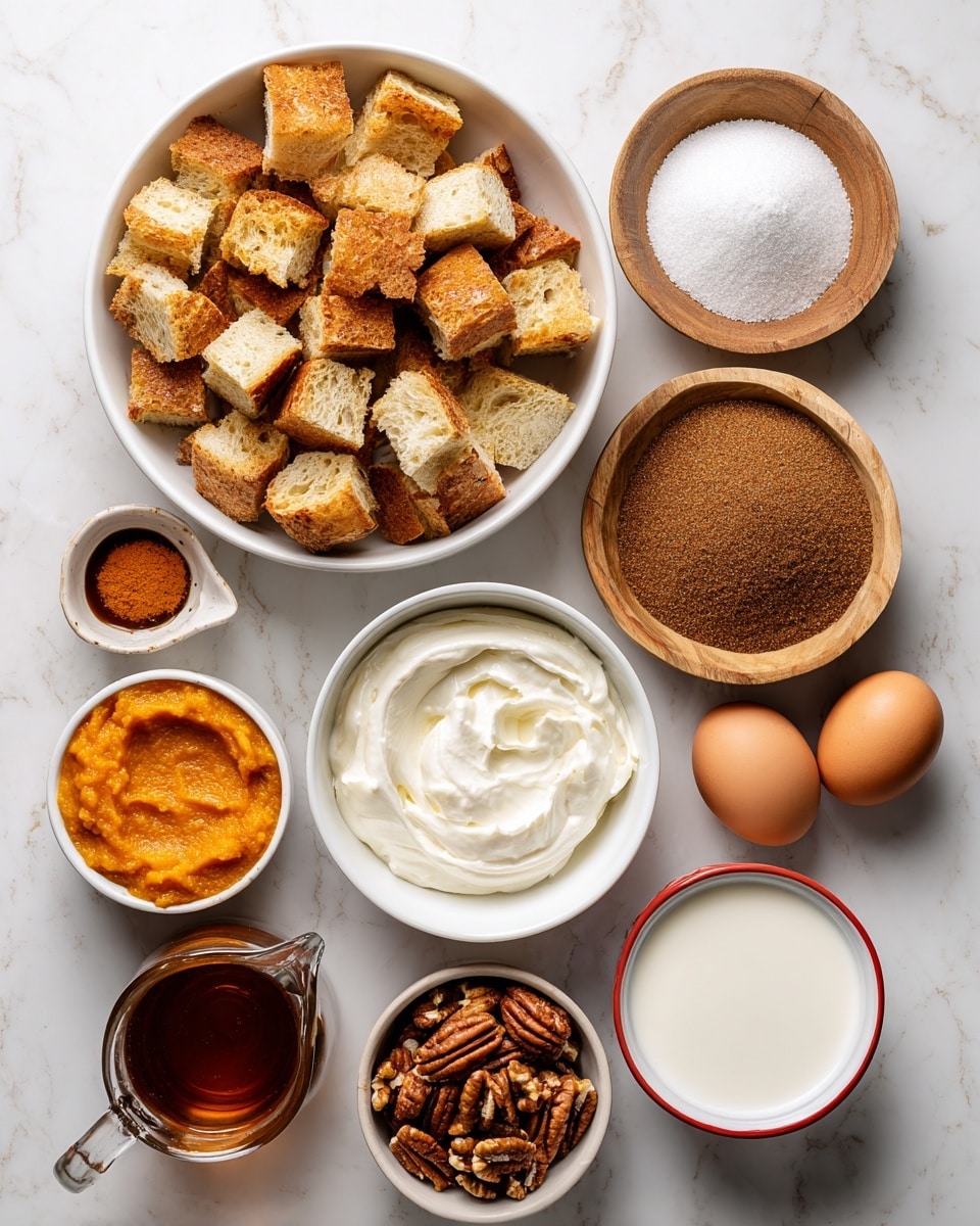 The image shows several white bowls and a glass measuring cup arranged neatly on a white marbled surface. At the top center is a large white bowl filled with many pieces of sourdough bread, cut into small cubes with golden crusts and soft beige interiors. To the right of the bread, a small wooden bowl holds a white pile of salt. Below it, a white bowl filled with dark brown, finely packed brown sugar. Next to it, a small wooden bowl contains bright white powdered sugar. In the lower right corner, a white bowl with a thin red rim holds smooth, creamy off-white cream cheese. Below that is another white bowl with chopped pecans showing their brown and beige rough texture. Toward the bottom center, a small wooden bowl holds reddish-brown pumpkin pie spice powder. To the left, a round white cup with dark vanilla extract. Near the bottom left, a clear glass measuring cup is filled with white milk. Above the glass is a small white bowl filled with golden-brown maple syrup. Next to the syrup are three brown eggs with smooth shells. Above the eggs, a white bowl contains bright orange pumpkin puree with a textured surface. All items are spaced evenly and clearly labeled with black text. Photo taken with an iphone --ar 4:5 --v 7
