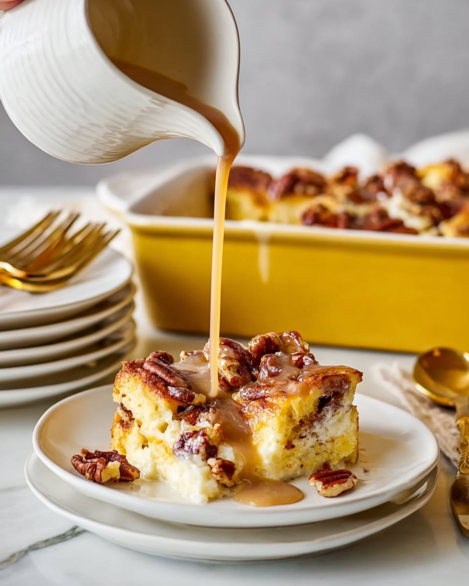 A white plate holds two thick pieces of a baked dish with a golden-brown top layer studded with pieces of pecans, showing a soft, creamy white layer beneath. A light brown sauce is being poured over the pieces from a white pitcher, creating a shiny, flowing stream. Behind the plate, a yellow baking dish filled with more of the same food sits on a white marbled surface. A stack of white plates and gold forks lie nearby, adding to the cozy breakfast setting. photo taken with an iphone --ar 4:5 --v 7