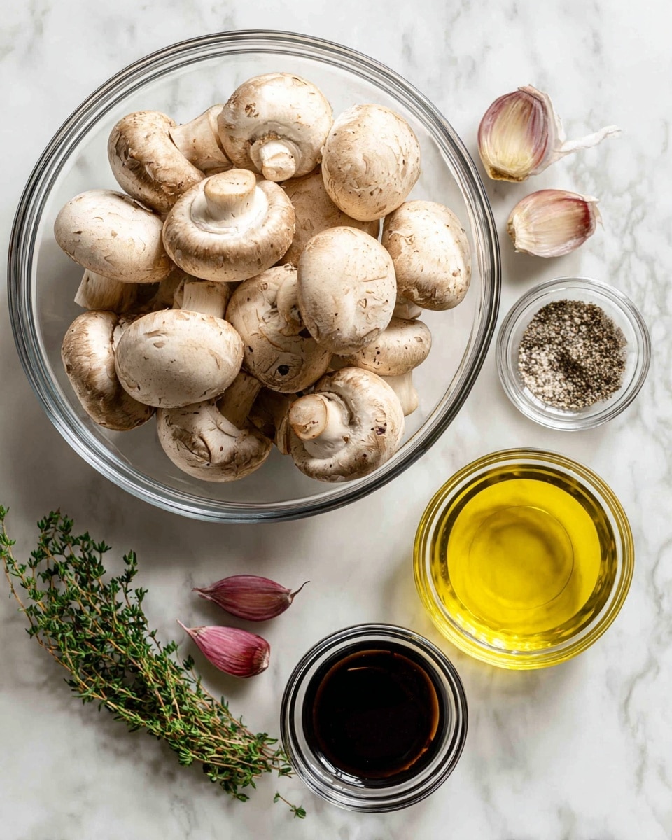 A clear glass bowl filled with whole white mushrooms sits on a white marbled surface. Near the bowl, there are two cloves of garlic with purple skin, a small green bunch of thyme, a small clear dish with a mix of salt and pepper, a small clear container of dark balsamic vinegar, and another small clear container with golden extra virgin olive oil. Each ingredient is spaced out neatly on the surface with no overlaps, all on a white marbled background. photo taken with an iphone --ar 4:5 --v 7