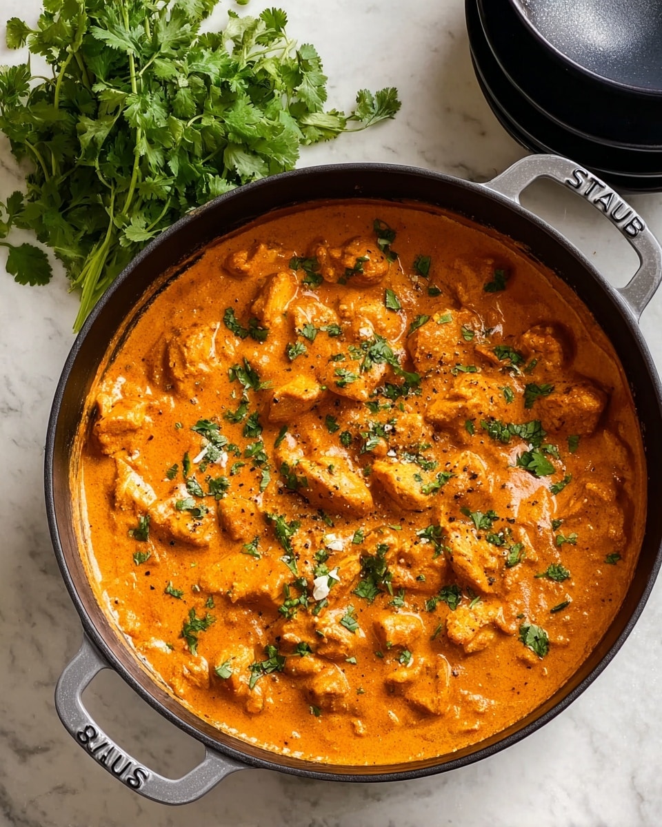 A black pot filled with thick, orange curry sauce with visible chunks of tender chicken scattered evenly throughout. The sauce looks smooth and creamy, speckled with small bits of black pepper and garnished with fresh, chopped green cilantro leaves spread on top. The pot handle is visible on the left side with the word