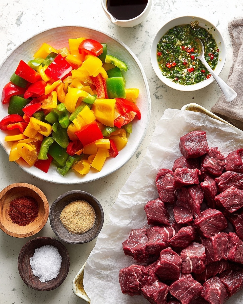 The image shows a white plate filled with large, chopped pieces of colorful bell peppers in red, yellow, and green, arranged loosely with a mix of shapes and sizes. Below the plate on a white marbled surface, there is a tray lined with parchment paper holding many pieces of raw, dark red beef cubes with some white fat spots. Around the plate and tray are small bowls holding different spices and seasonings: a dark wooden bowl with red chili powder, speckled bowls with brown sugar and a light brown spice, and a black bowl with coarse salt and pepper. In the upper right, there is a white bowl filled with a green herb sauce that has small red chili pieces, and beside it, a small white cup contains a dark liquid, likely a sauce or soy. The setting is bright and clean with a white marbled background. photo taken with an iphone --ar 4:5 --v 7