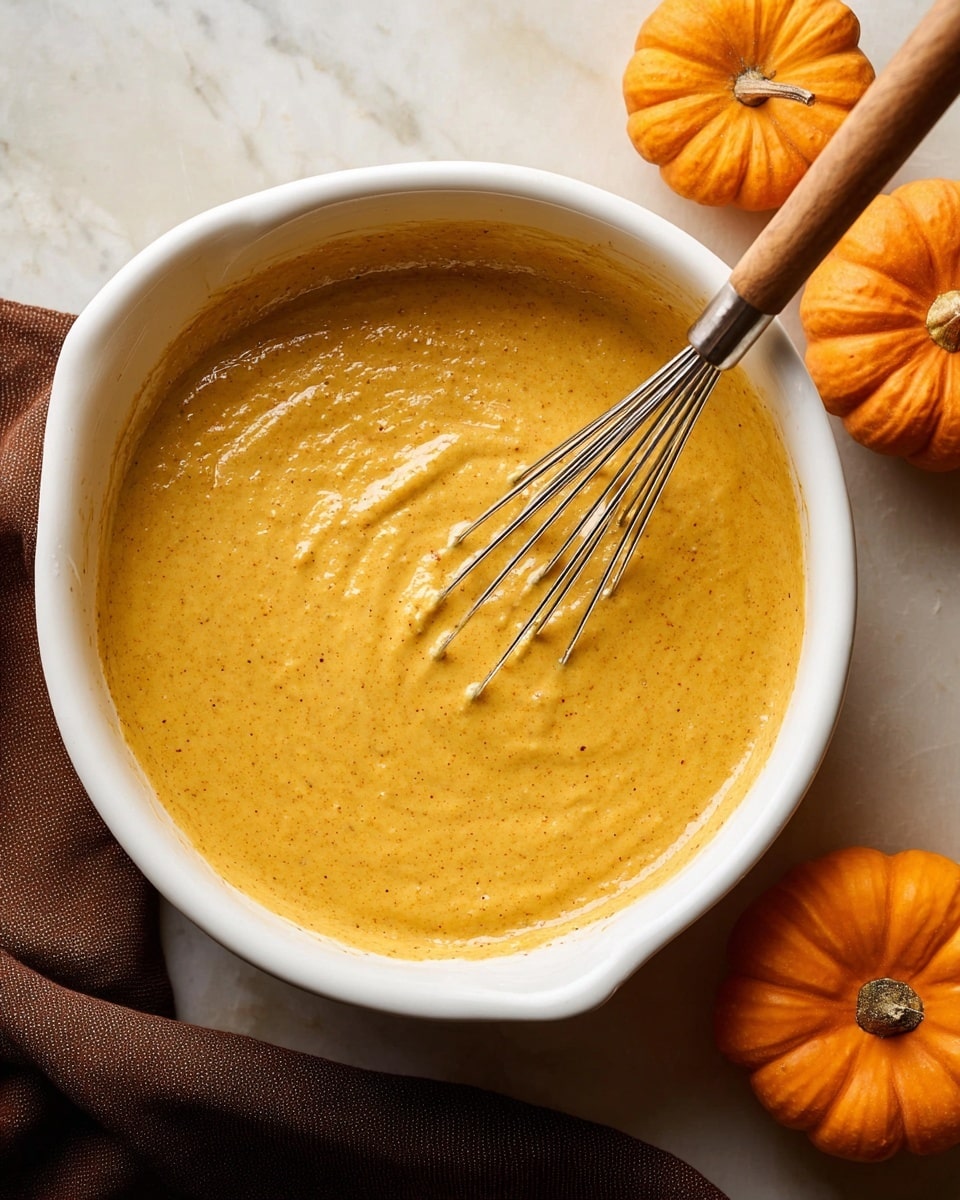 A white bowl filled with a thick, smooth, light orange pumpkin batter with tiny specks of spices throughout. A metal whisk rests partially inside the batter, showing the creamy texture. Two small orange pumpkins sit beside the bowl on a white marbled surface. Part of a dark brown cloth is seen at the bottom left corner. The bowl also has a small spout at the top edge photo taken with an iphone --ar 4:5 --v 7