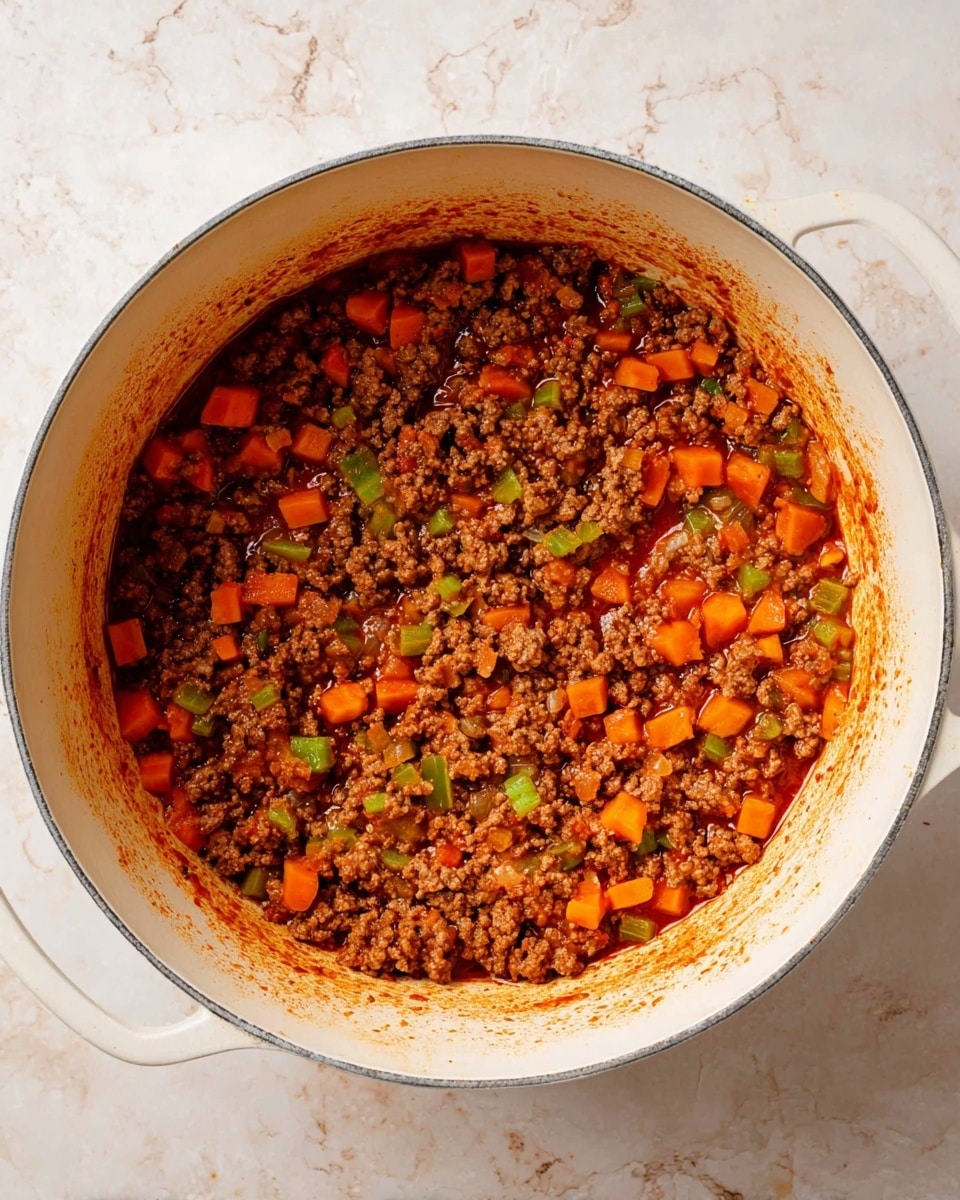 A white pot filled with a mix of cooked ground meat and diced vegetables. The mixture has two main layers: the bottom layer is a base of small, cooked ground meat pieces with a rich brown color, while scattered on top are diced orange carrots and bits of green celery along with some translucent cooked onion pieces. The inside walls of the pot show streaks of reddish-brown sauce, indicating the dish has been cooked slowly. The pot rests on a white marbled surface. photo taken with an iphone --ar 4:5 --v 7