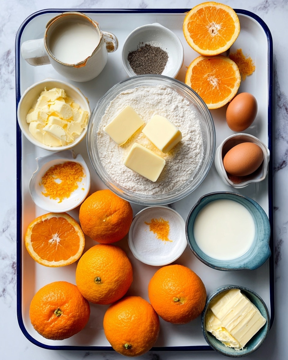The image shows various baking ingredients arranged on a white tray with a dark blue rim, placed on a white marbled surface. On the tray, there is a clear glass bowl filled with white flour and topped with three cubes of pale yellow butter in the center. Surrounding the bowl, there are small white bowls with salt and black pepper mix, dried yeast, melted butter, milk, vanilla extract, and white sugar. Outside the tray, there are eight bright orange whole oranges, some hollowed orange halves with textured inner surfaces, two brown eggs, a small bowl of orange zest on powdered sugar, and a small bowl with cream cheese and butter. The colors mainly feature white, orange, and light brown tones, with a clean and organized layout. Photo taken with an iphone --ar 4:5 --v 7