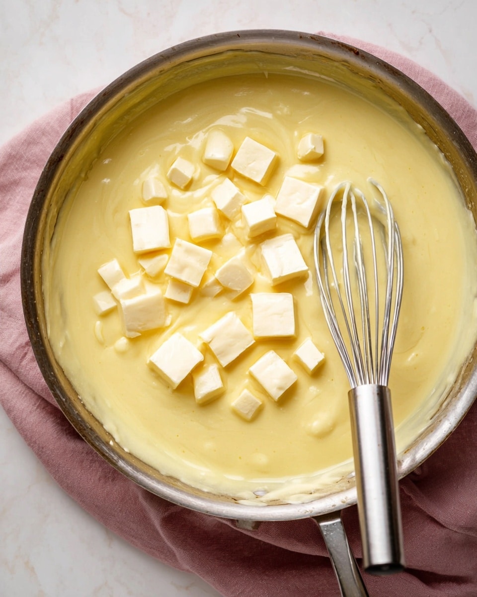 A close-up view of a silver pan filled with thick, creamy light yellow sauce. On top of the sauce are multiple small cubes of pale yellow butter placed mainly on the upper and lower left side of the pan. A metal whisk rests inside the pan on the right side, partially covered in the thick sauce. The pan is sitting on a soft pink cloth, and the background is a white marbled surface. photo taken with an iphone --ar 4:5 --v 7