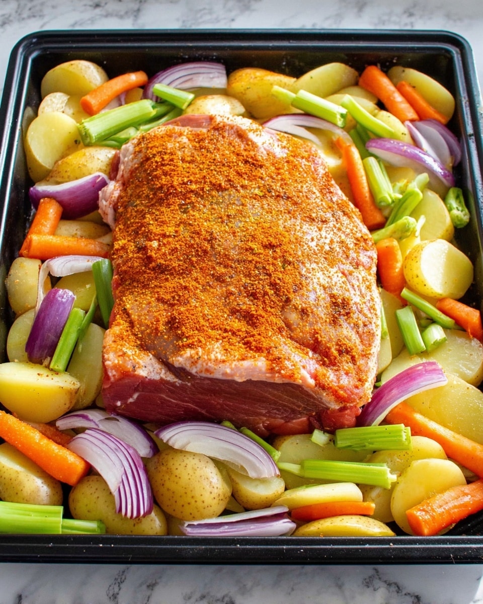 A large piece of raw meat seasoned with an orange spice mix lies in the center of a black tray, surrounded by layers of sliced potatoes, whole baby carrots, chopped celery, and red onion rings. The vegetables show a mix of yellow, orange, green, and purple colors clustered mostly around the edges below and around the meat. The surface beneath the tray is a white marbled texture. photo taken with an iphone --ar 4:5 --v 7