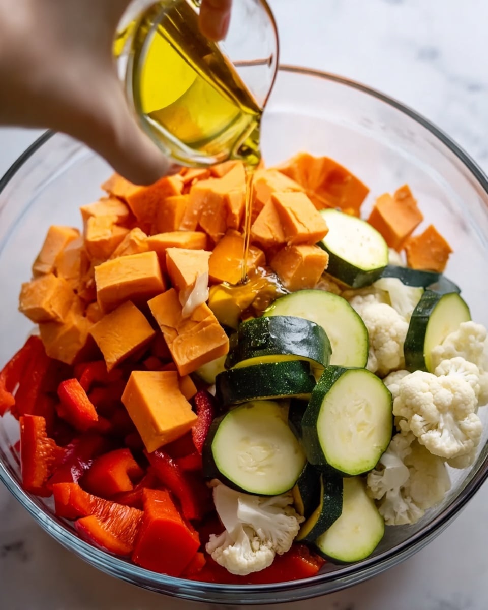 A clear glass bowl holds an assortment of chopped vegetables, including bright orange sweet potato cubes, dark green zucchini slices with pale centers, chunky red bell pepper pieces, and small white cauliflower florets. A woman's hand is shown from the top left, pouring golden olive oil from a clear glass container onto the vegetables. The bowl is set on a white marbled surface, adding a soft, clean look to the scene. The various vegetables are layered naturally inside the bowl, with the zucchini slices mostly near the edges and the other vegetables mixed throughout. photo taken with an iphone --ar 4:5 --v 7