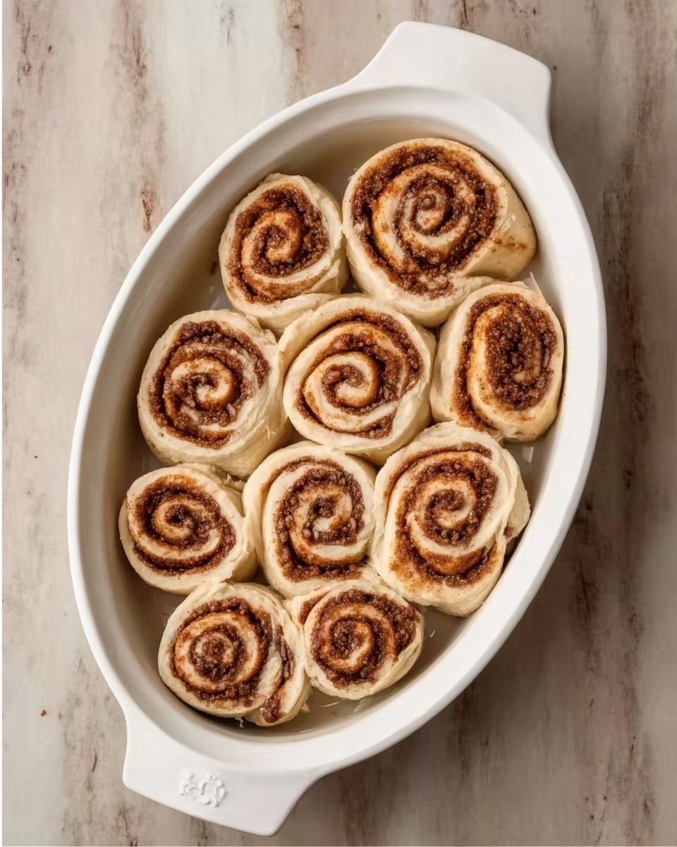 The image shows eleven cinnamon rolls arranged in a white oval dish. Each roll has a light tan dough base with a darker brown cinnamon and sugar swirl layered inside, creating a spiral pattern. The rolls have a soft texture, and the cinnamon filling looks slightly crumbly but moist inside. The white oval dish is placed on a white marbled surface, and no other items are around the dish. Photo taken with an iphone --ar 4:5 --v 7