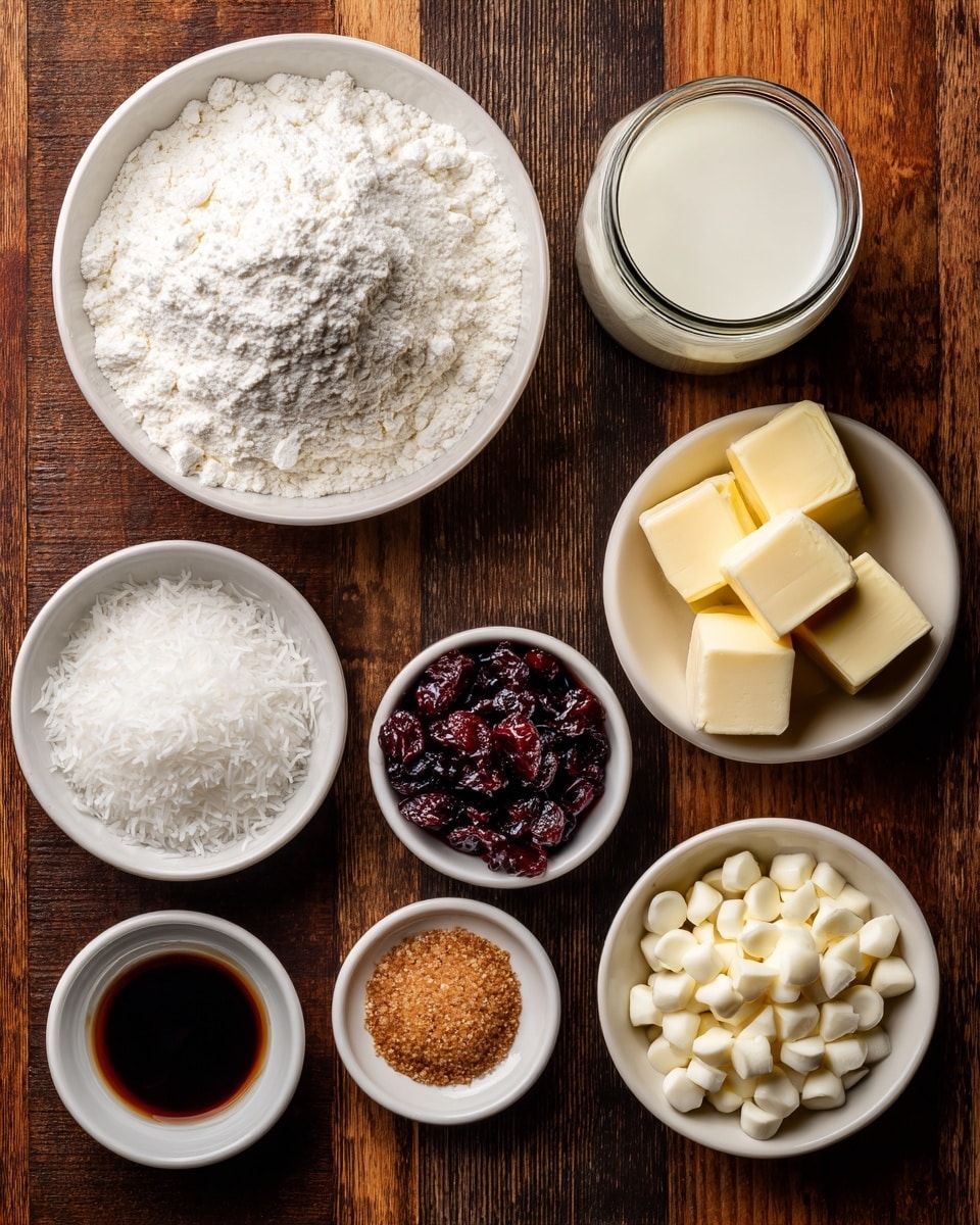 The image shows nine white bowls and one jar on a white marbled surface, each filled with different baking ingredients. Starting from the top left corner, there is a large white bowl filled with light beige flour, slightly piled in the center. To its right, a clear glass jar contains white milk. Below the flour, a small white bowl holds a white powder mix labeled baking powder and salt. Next to it, a medium white bowl is filled with dark red and maroon cranberries. To the right of the cranberries, a small white bowl contains dark brown vanilla liquid. Below the baking powder bowl, a medium white bowl has white shredded coconut. To its right, a medium white bowl is filled with pale yellow butter cubes. Next to the butter, another medium white bowl is filled with creamy white chocolate chips. Finally, at the bottom left, a small white bowl contains granulated light brown cane sugar. Everything sits on a wood-textured background that has been changed to white marble. photo taken with an iphone --ar 4:5 --v 7